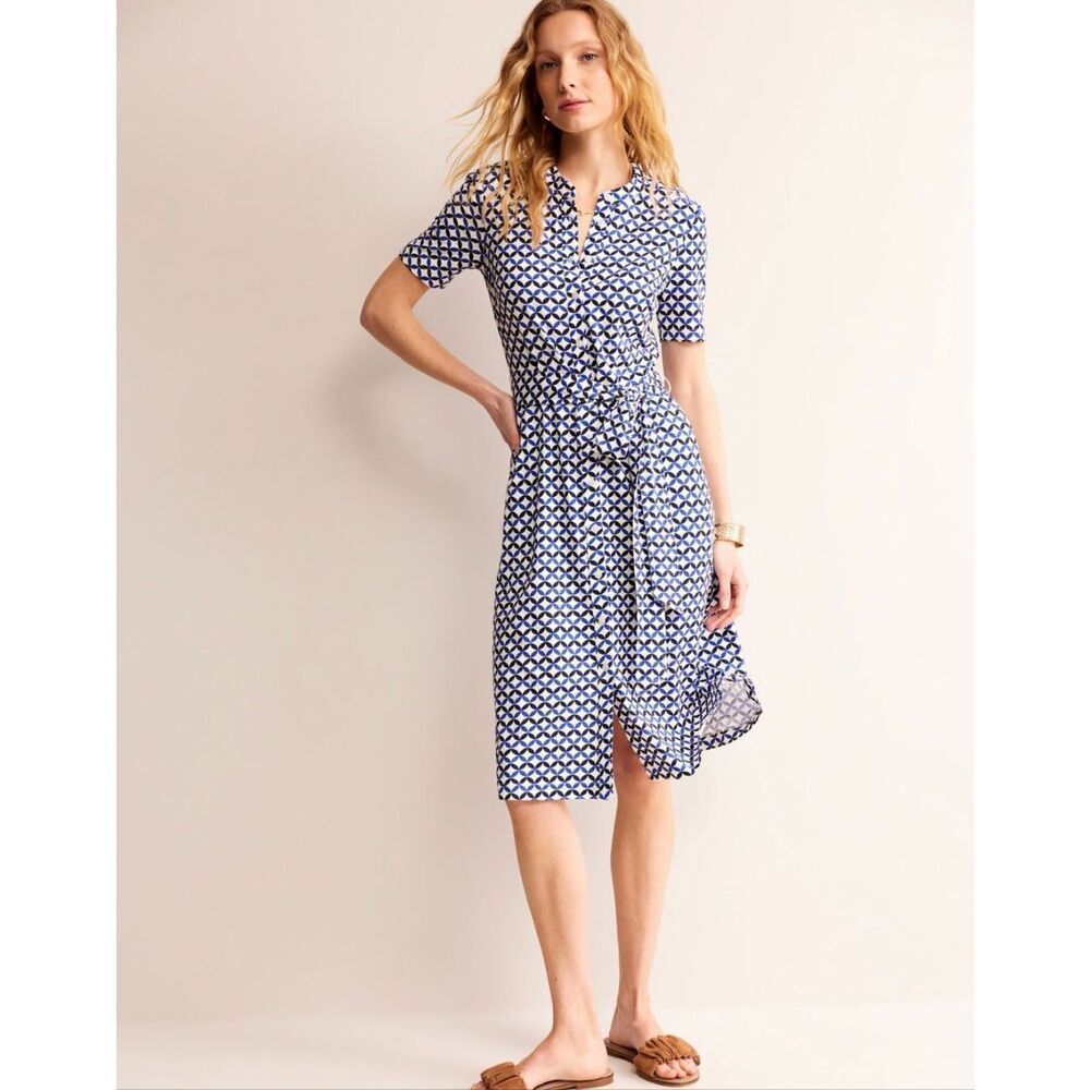 Boden Julia Short Sleeve Shirt Dress in Ivory, Blue Diamond Terrace Size 20-22